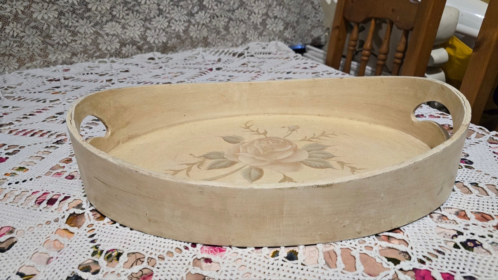 brocante dienblad met roosjes, Ophalen of Verzenden, Rechthoekig, Hout