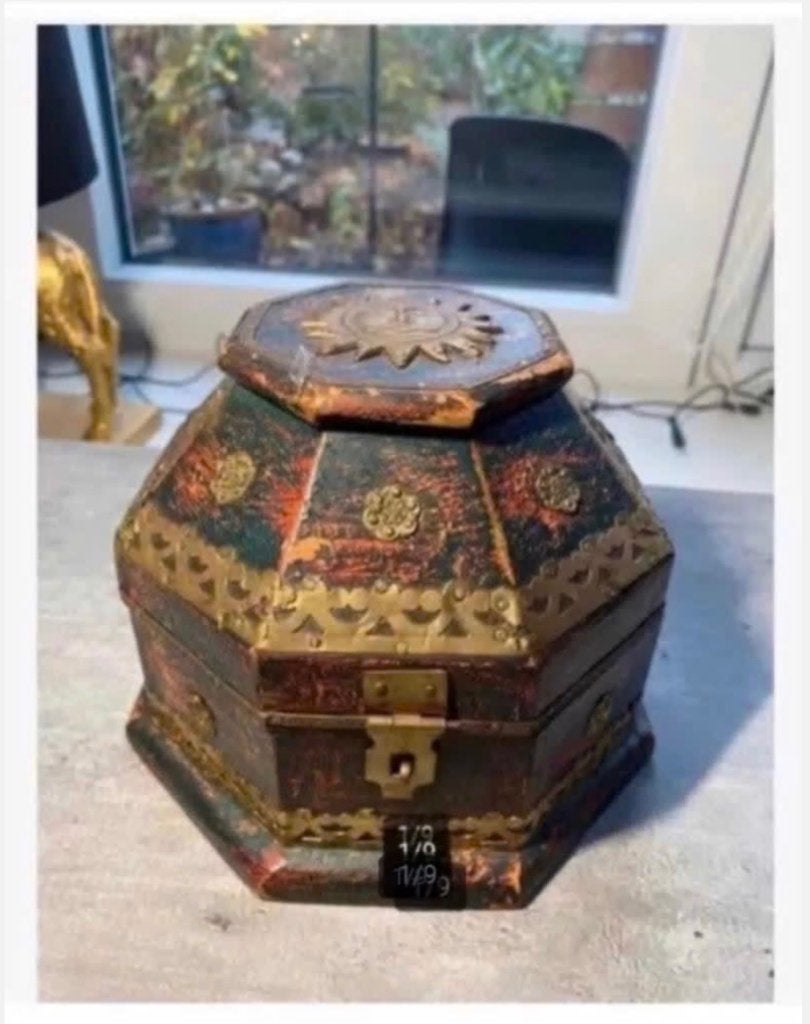 Brocante 8-hoekige houten kist India 17,5 x 17,5 cm, Huis en Inrichting, Woonaccessoires | Kisten, Minder dan 50 cm, Minder dan 50 cm
