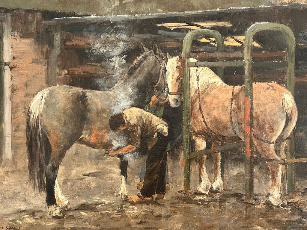 FJ Goosen, hoefsmid met twee paarden in de stal, Antiek en Kunst, Kunst | Schilderijen | Klassiek, Ophalen