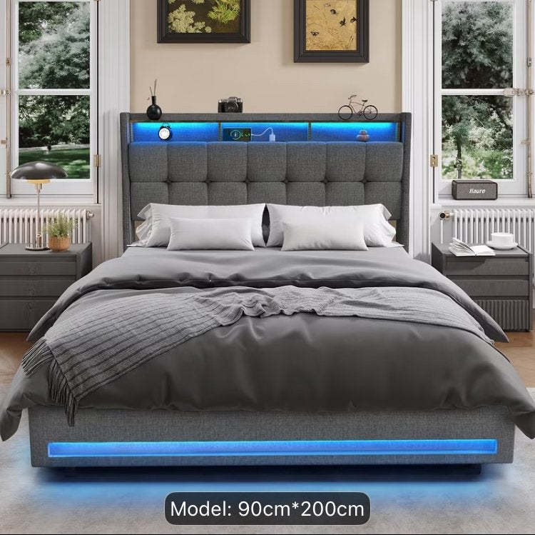 Bed met LED-verlichtingen 200x90, Huis en Inrichting, Slaapkamer | Beddengoed, Nieuw, Dekbedovertrek, Eenpersoons, Grijs, Ophalen of Verzenden