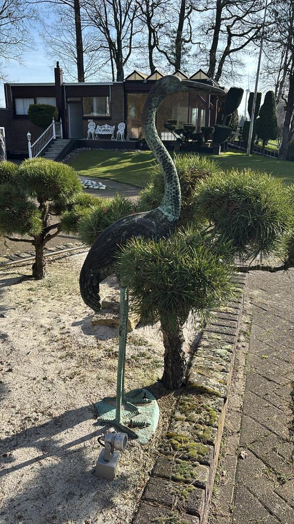 Bronzen Tuinbeeld Kraanvogel - 145 cm Groen Gepatineerd, Ophalen, Gebruikt, Metaal, Dierenbeeld