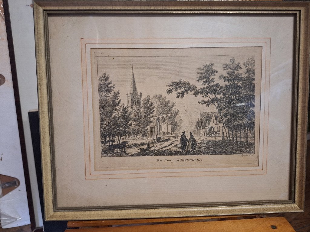 Schilderij tekening, Oud hollands, Ophalen of Verzenden, Achter glas, Stads- / dorpsgezicht