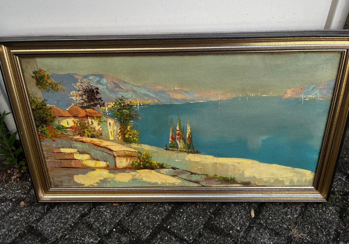 Schilderij italiaans Mediterraans landschap boten zee pastel, Ophalen