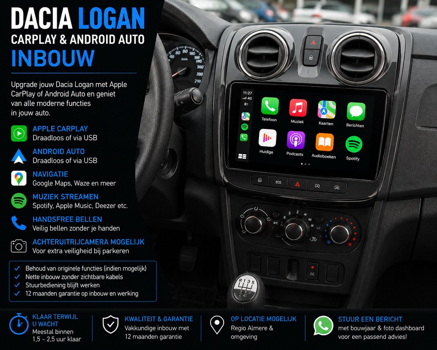 Dacia Logan CarPlay & Android Auto Inbouw, Auto diversen, Autoradio's, Ophalen, Nieuw