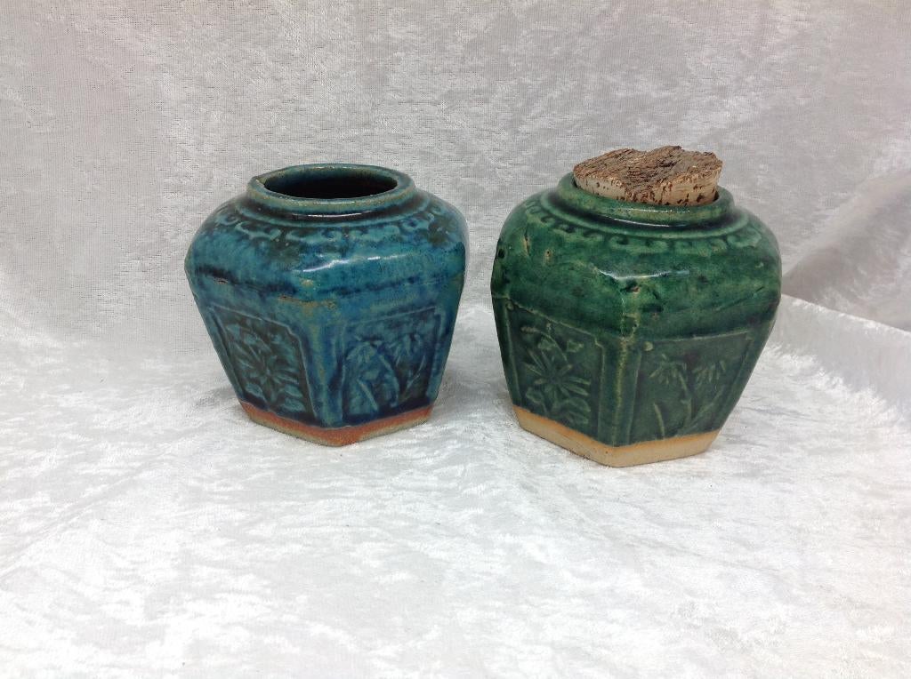 Gemberpotten, groen en groenblauw, ca. 9 cm, Antiek en Kunst, Curiosa en Brocante, Ophalen of Verzenden