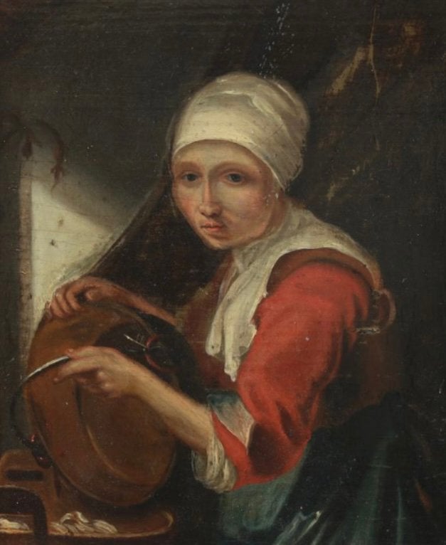 Olieverf op paneel Vrouw bij wastobbe  ongeveer v 1800, Antiek en Kunst, Verzenden