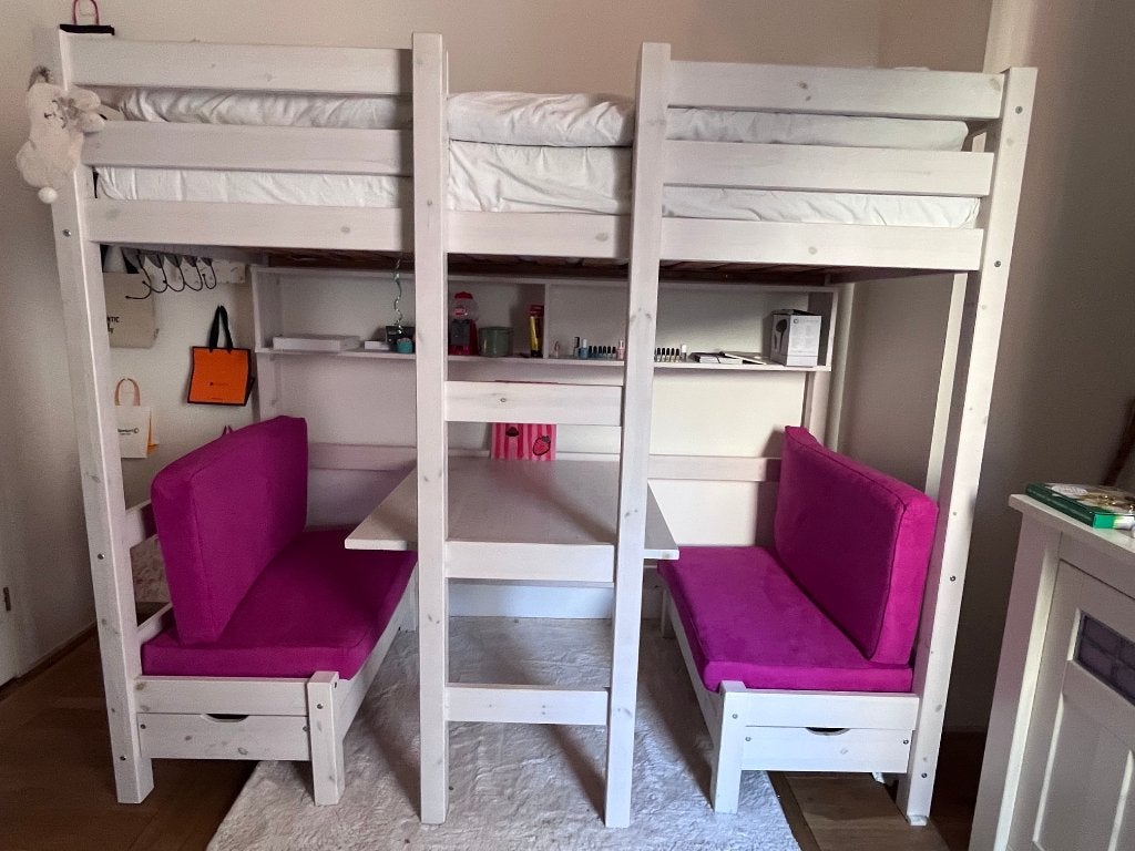 Hoogslaper wit hout met roze kussens/matras, Ophalen, Gebruikt, Hoogslaper