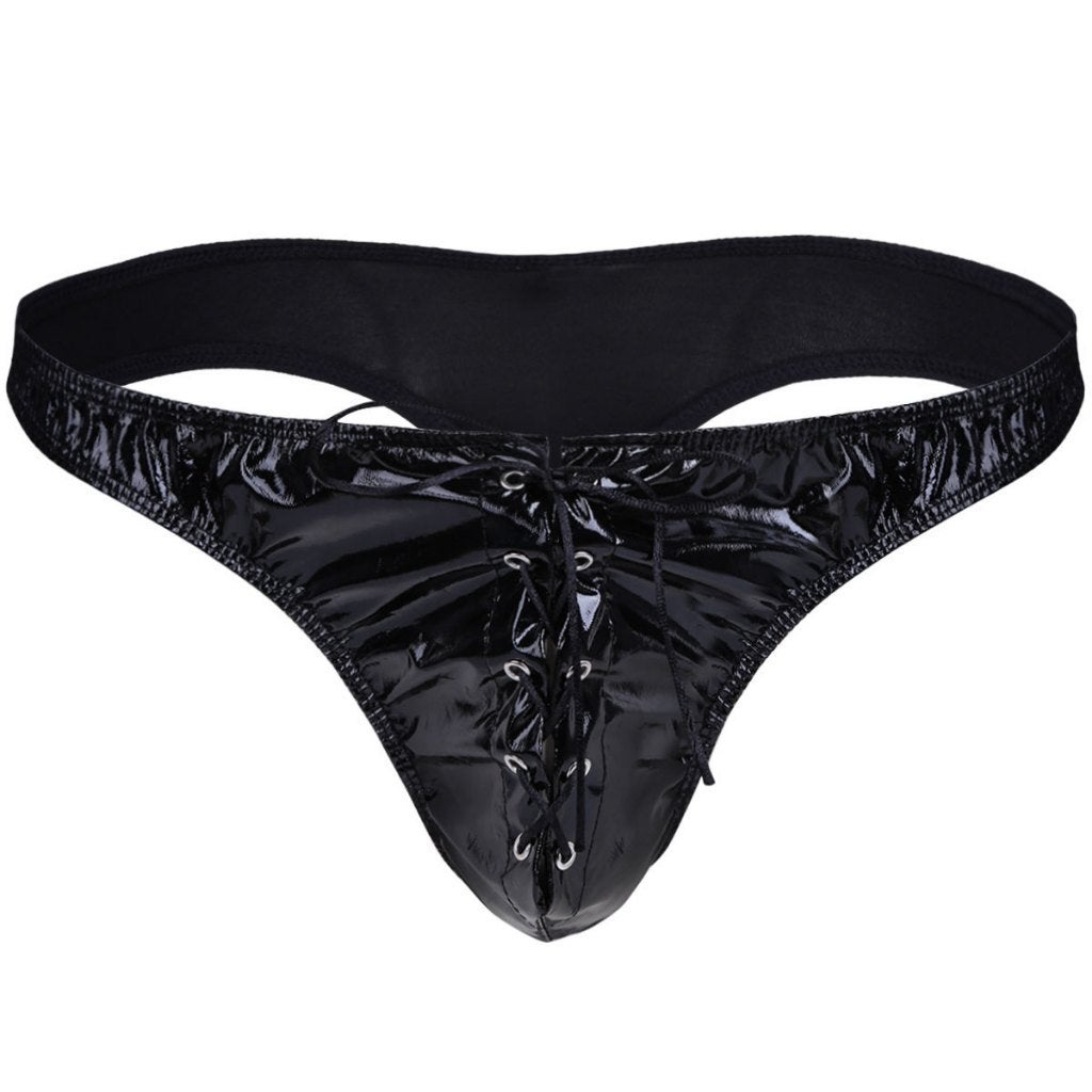 Zwarte kunstleren heren veter string, Verzenden, Zwart, Slip