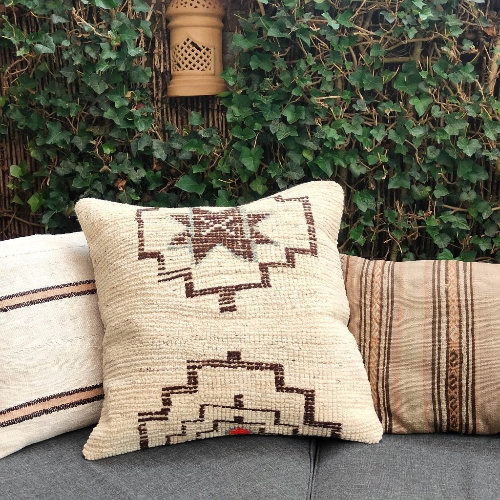 Kelimkussen 70x70 Vintage Boho Wolwit Vloerkussen SALE, Yazgibi, Handgemaakt, Vierkant, Nieuw