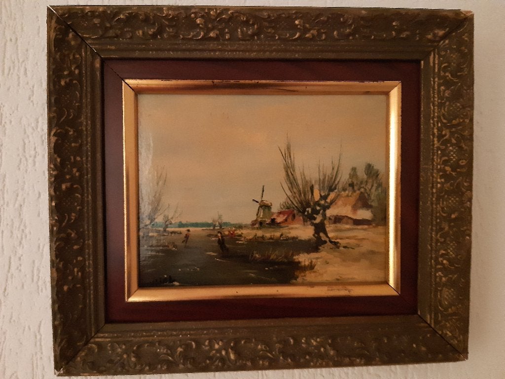 Leuk oud schilderijtje met ijsgezicht, Ophalen, Landschap, Paneel