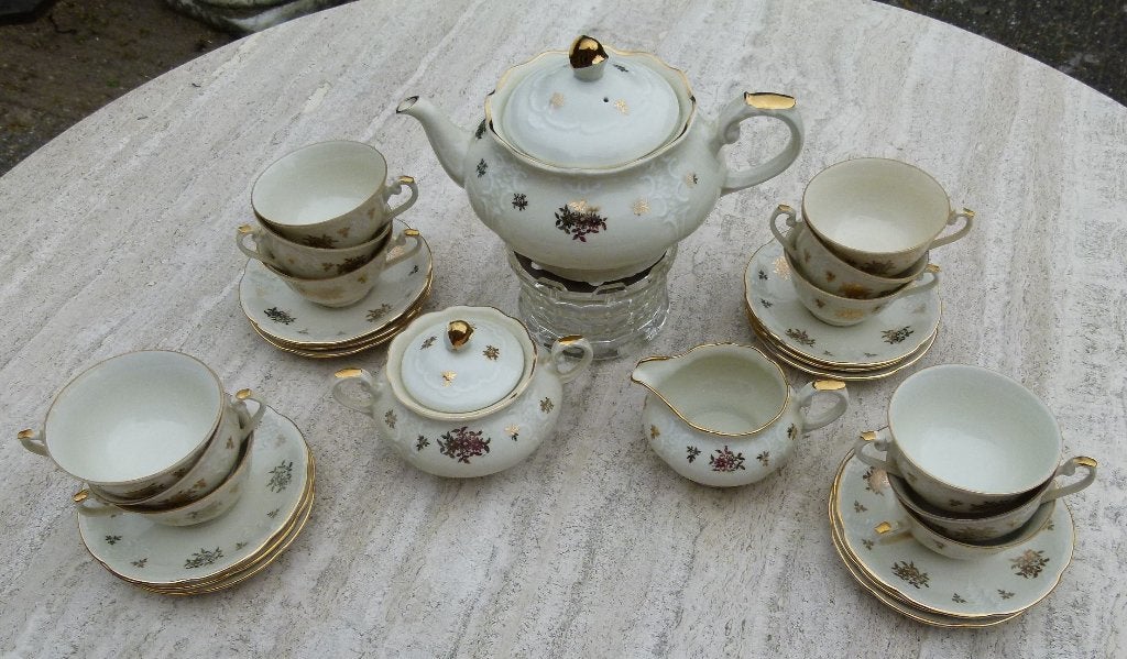 Prachtig MOSA Thee Servies Gouden Bloem + Verkade theelicht, Antiek en Kunst, Antiek | Servies compleet, Ophalen of Verzenden