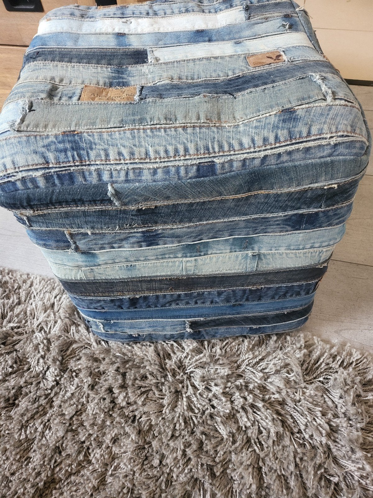 Spijkerstof poef, Ophalen of Verzenden, Rond, Minder dan 50 cm, Minder dan 50 cm