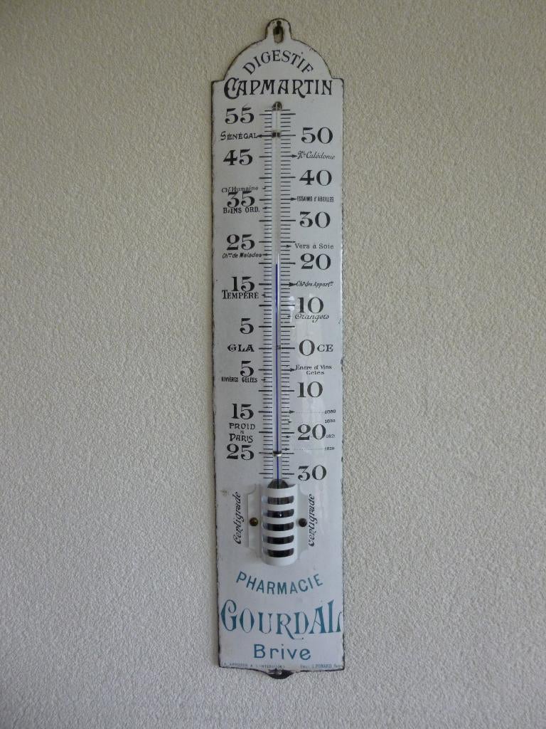 EMAILLE RECLAME THERMOMETER"CAP MARTIN DIGESTIF"JAREN 20/30, Ophalen of Verzenden, Gebruikt, Reclamebord