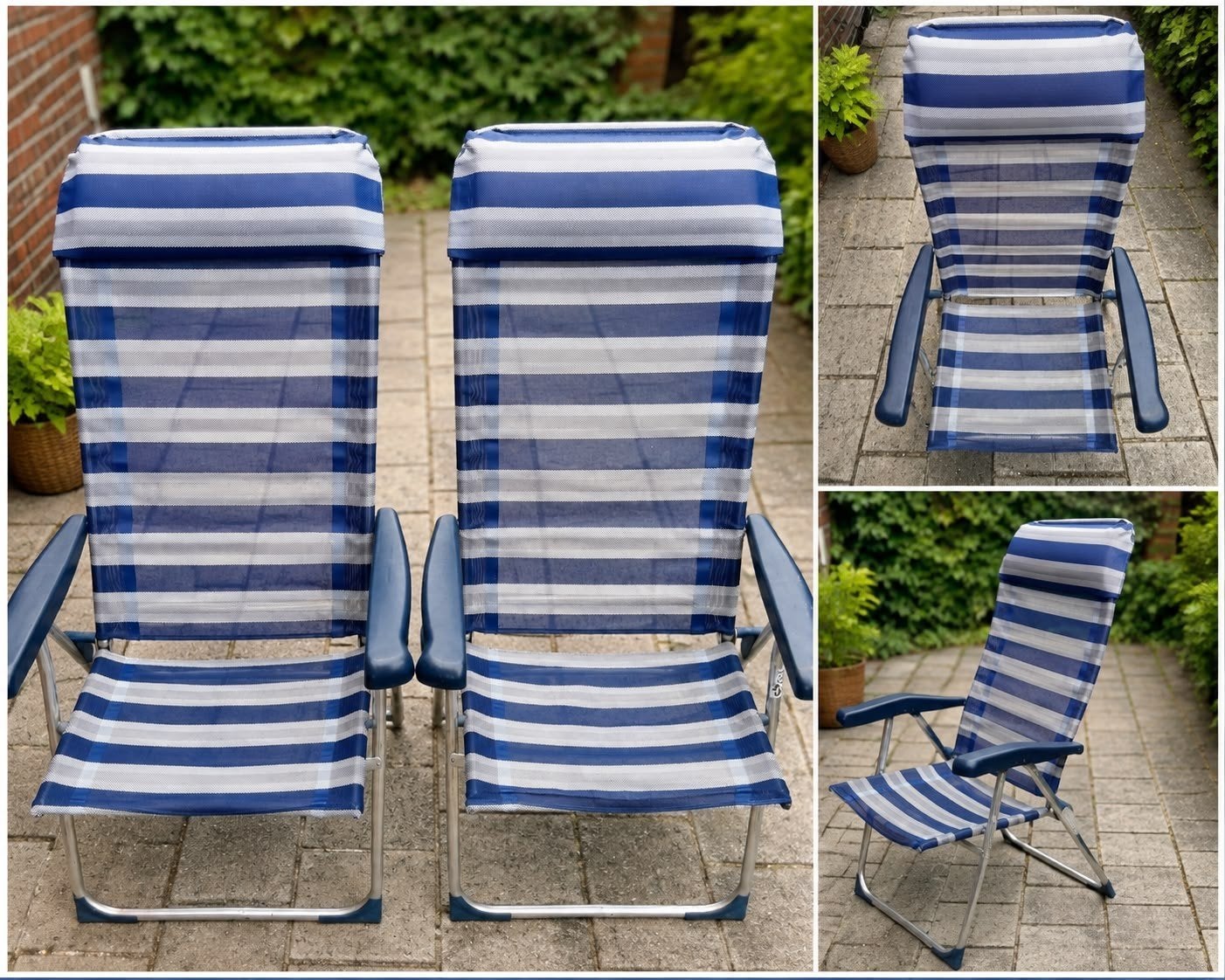 Verstelbare camping-/tuinstoelen - blauw/wit gestreept, Caravans en Kamperen, Ophalen of Verzenden, Gebruikt, Campingstoel