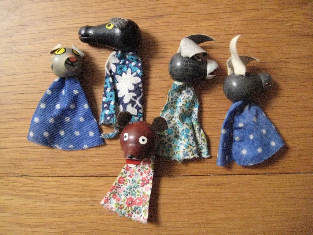 5 vintage TOFA houten vingerpoppetjes jaren 60, Ophalen of Verzenden, Gebruikt