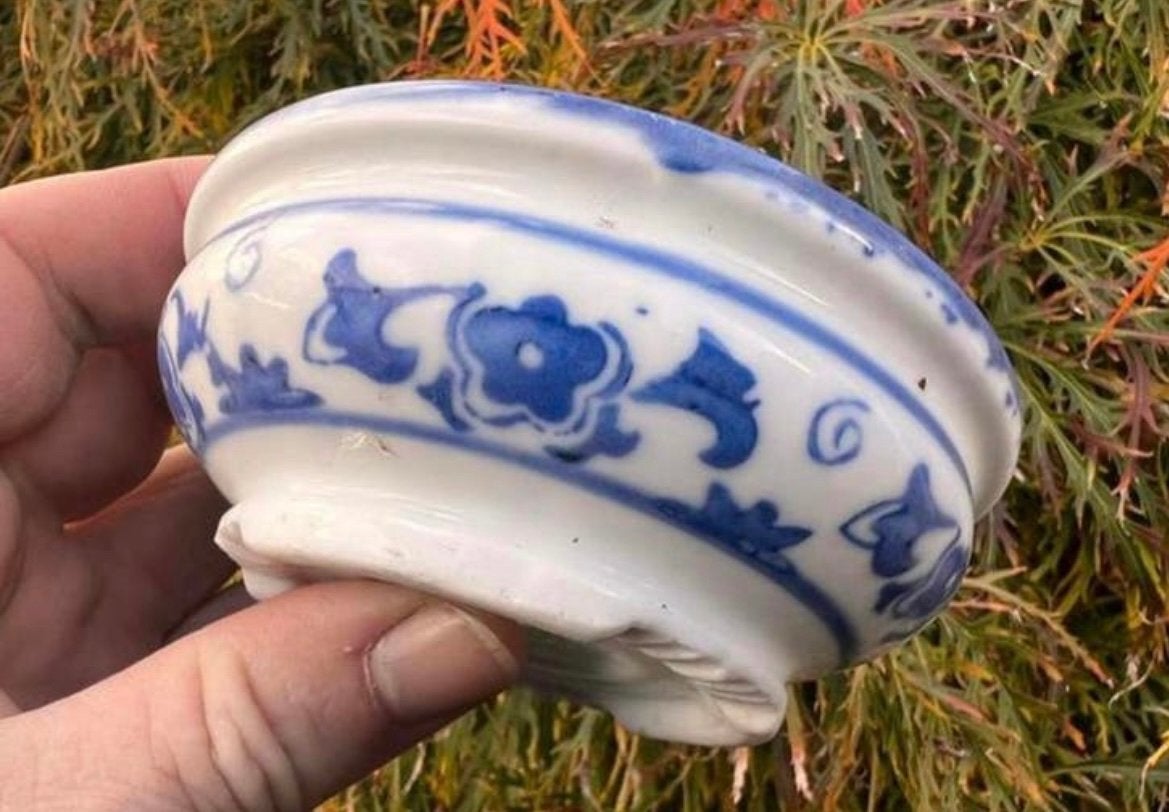 Bonsai pot rond blauw gedecoreerd porselein 10,2x4, Overige materialen, Rond, Ophalen of Verzenden, Zo goed als nieuw