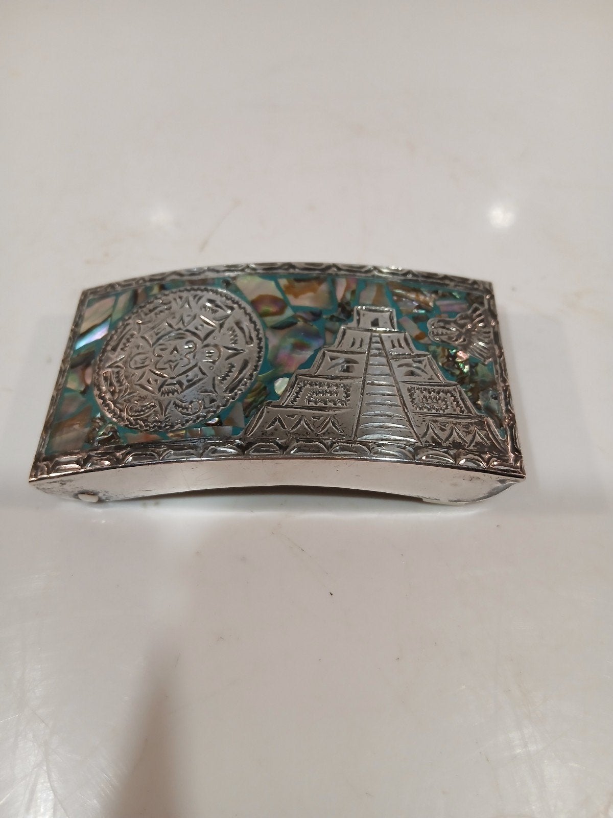 Vintage Zilveren Mexicaanse Riemgesp met Parelmoer Inleg, Ophalen of Verzenden, Zilver
