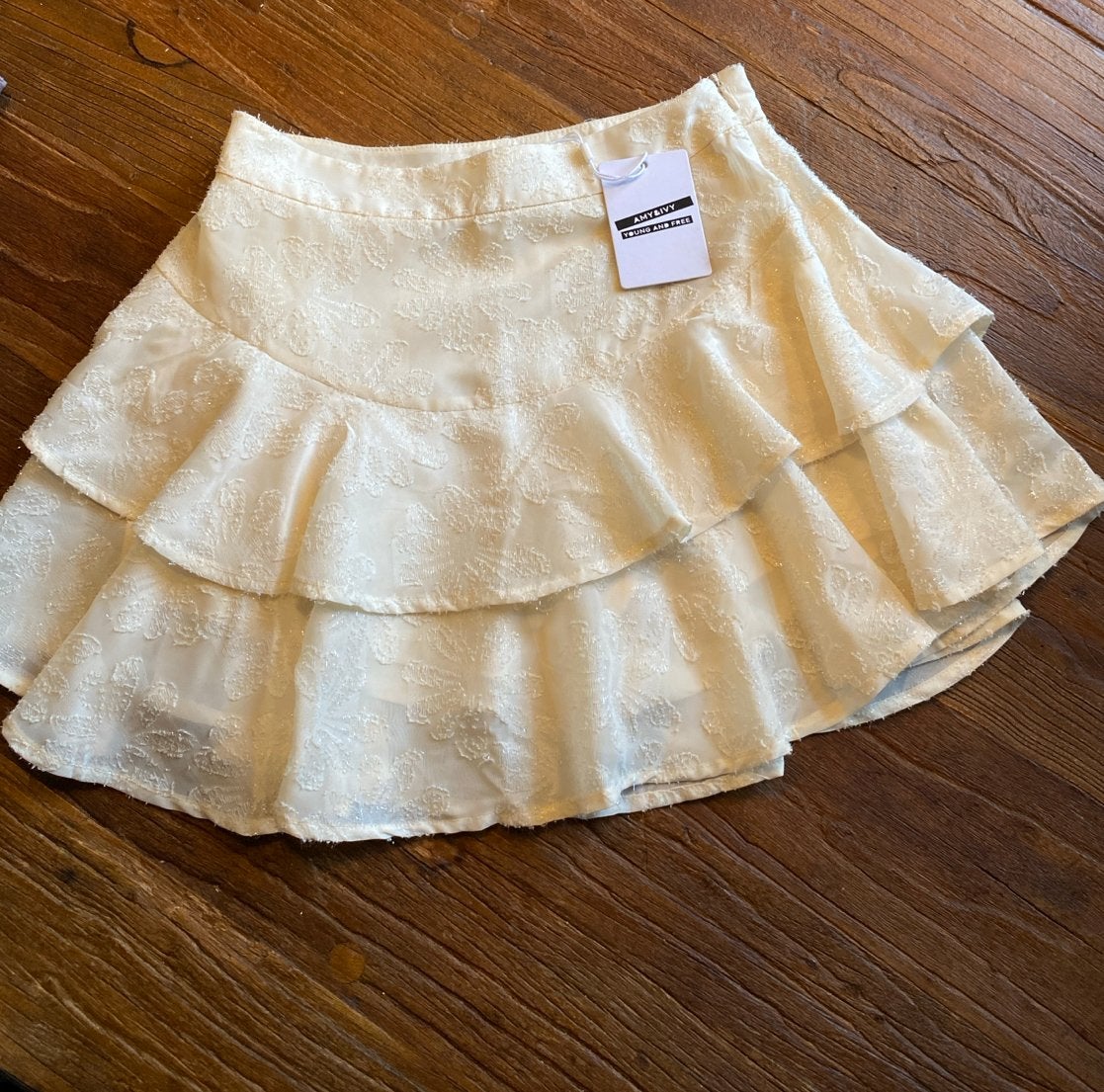 Nieuwe Amy & Ivy rok met ruches en glans, maat XS, Kleding | Dames, Beige, Nieuw, Ophalen of Verzenden, Maat 34 (XS) of kleiner