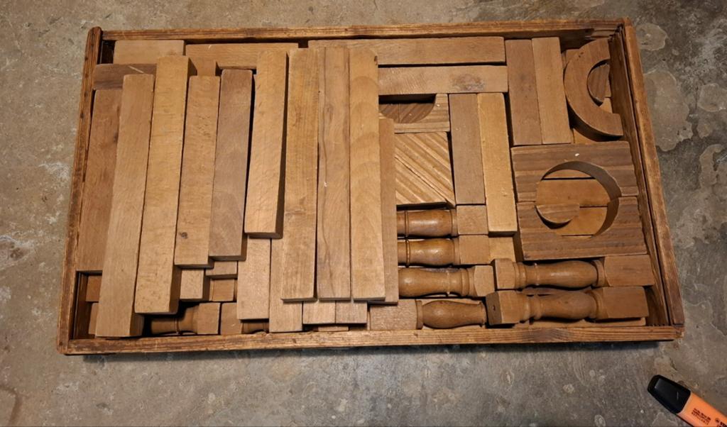 Ouderwetse houten blokkenset met puzzels en bouwblokken, Ophalen of Verzenden, Gebruikt