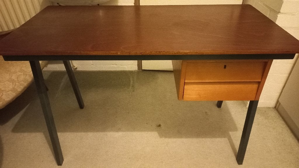 vintage mid-century schoolbureau (hout en metaal) met stoel, Ophalen, Gebruikt, Schoolbureau