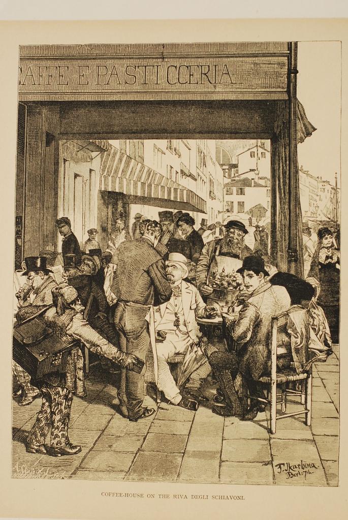 Antieke Prent Venetië Coffee-House Riva degli Schiavoni 1885, Verzamelen, Foto's en Prenten, Verzenden, Voor 1940, Zo goed als nieuw