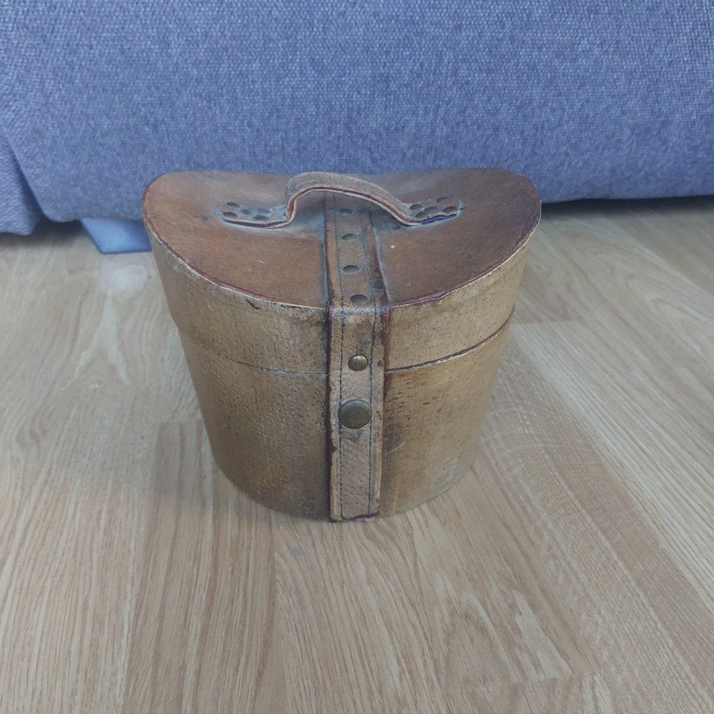 Oude leren/houten rond koffertje, jaren 50-60, Ophalen of Verzenden