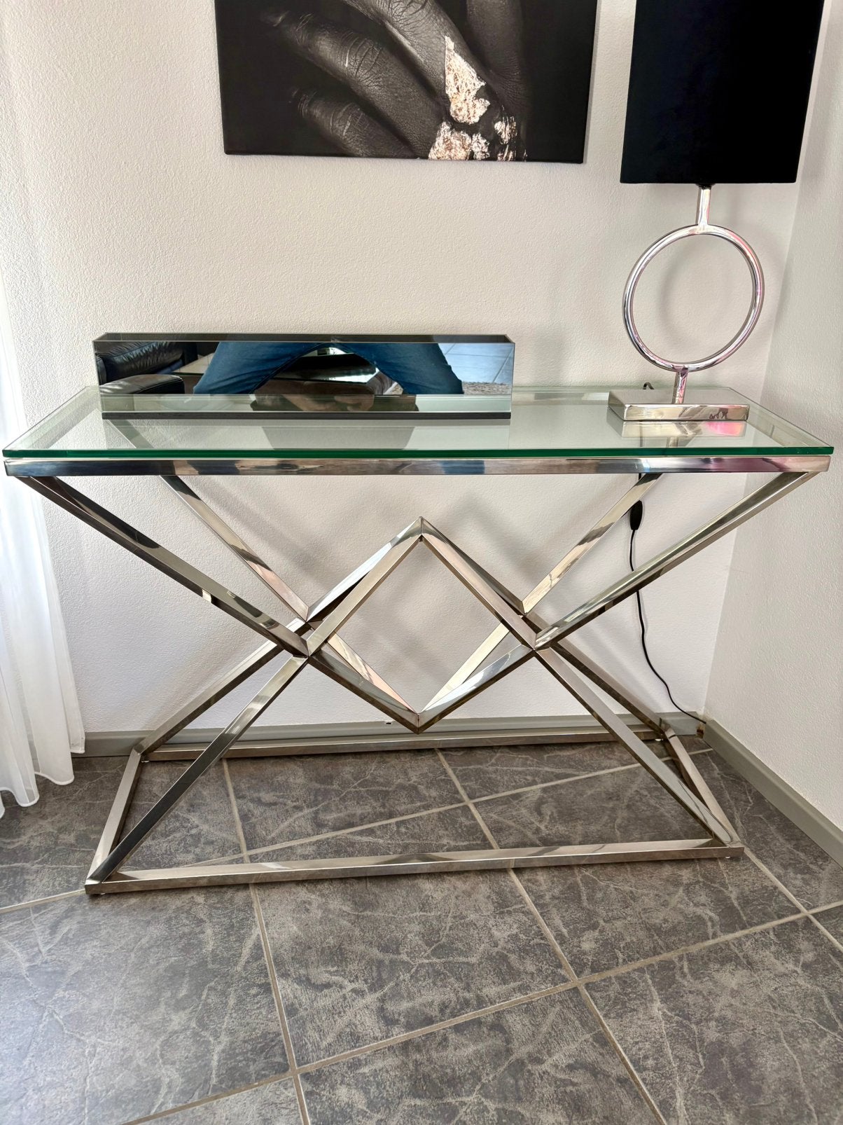 Eric Kuster style sidetable, Ophalen, 100 tot 150 cm, Zo goed als nieuw, Glas