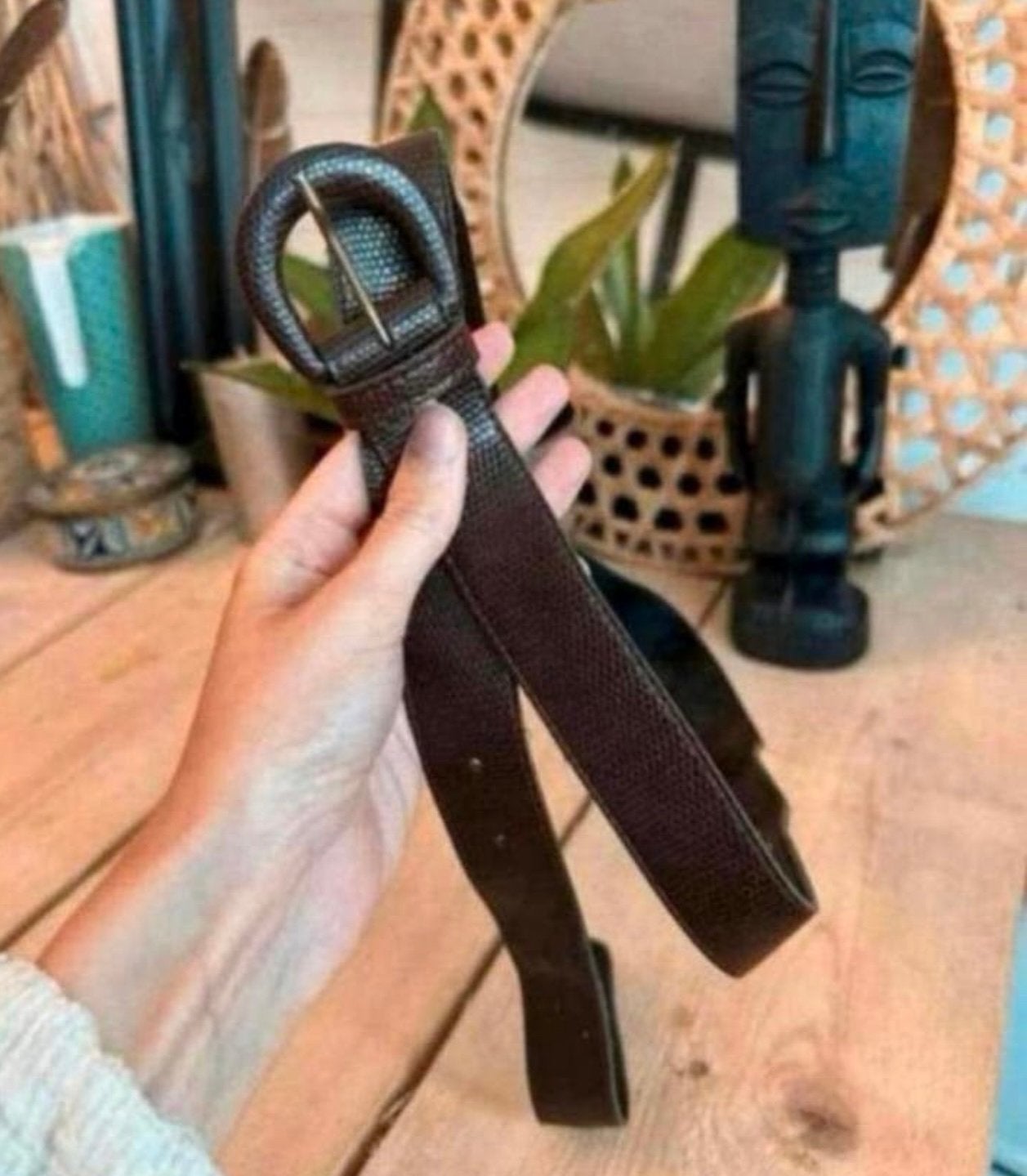 Donkerbruine riem met slangenprint - grote maat 110 cm, Kleding | Dames, Ophalen of Verzenden