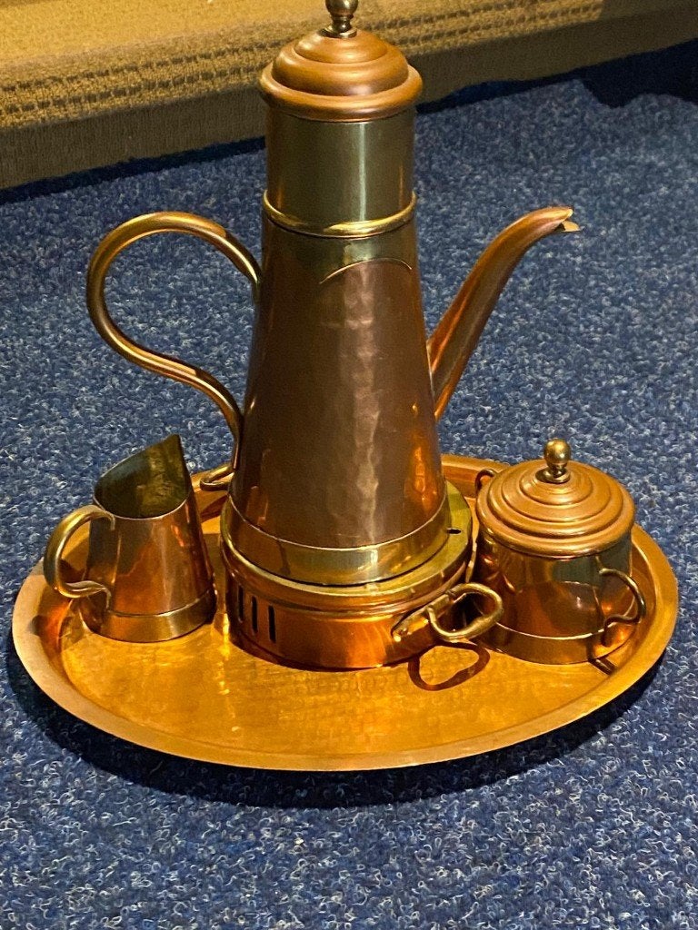 vintage koperen en messing koffieset met dienblad, Antiek en Kunst, Ophalen of Verzenden