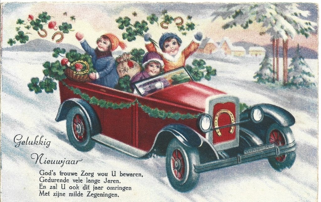 Gelukkig Nieuwjaar*Kinderen in oldtimer*Klavertje 4*Rijmpje, Ophalen of Verzenden, Voor 1920, Gelopen, Kinderen