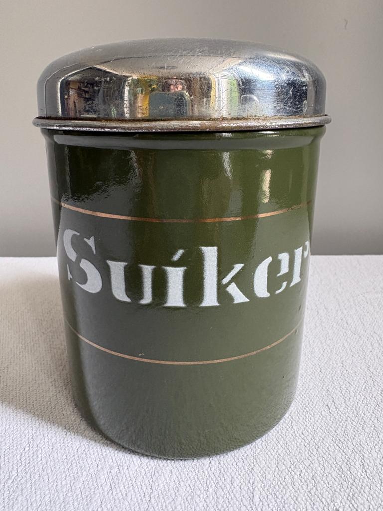 Vintage emaille suikerbus - Groen met metalen deksel, Antiek en Kunst, Antiek | Emaille, Ophalen of Verzenden