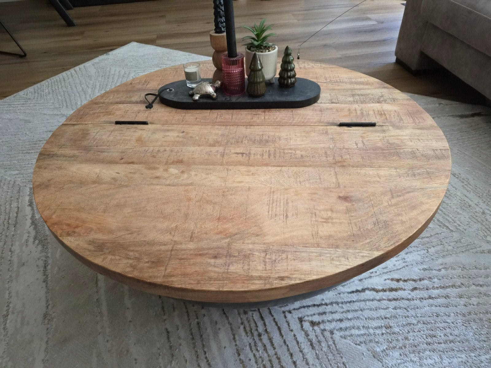 Salontafel rond mangohout met opbergruimte, Huis en Inrichting, 50 tot 100 cm, Modern, Industrieel, Rond, 50 tot 100 cm