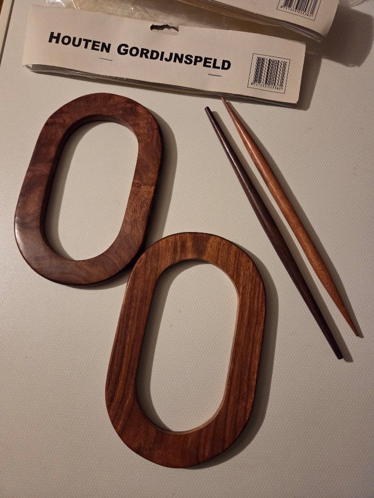 2 ovale houten gordijnbinders inclusief stokje, Bruin, Hout, Nieuw, Ophalen of Verzenden