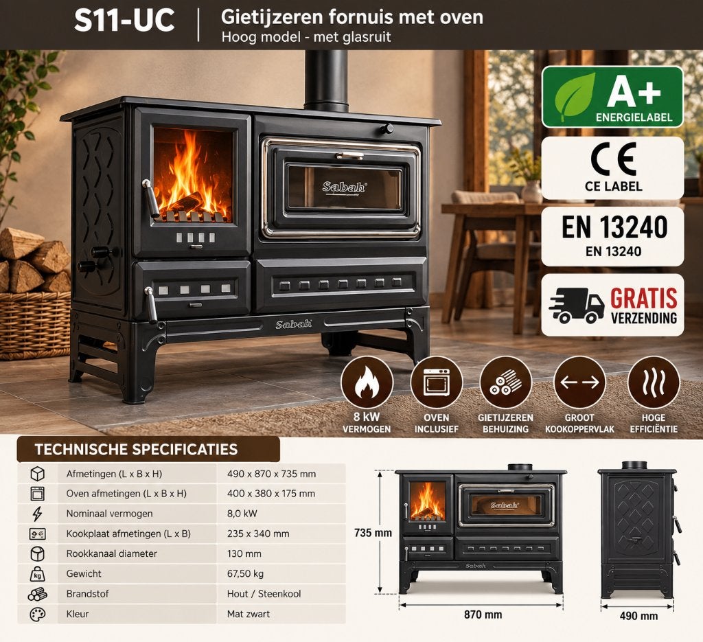 S12UC Sabah - Gietijzer Houtkachel - 8 KW - A+ CE Label, Ophalen, Vrijstaand, Hout, Nieuw
