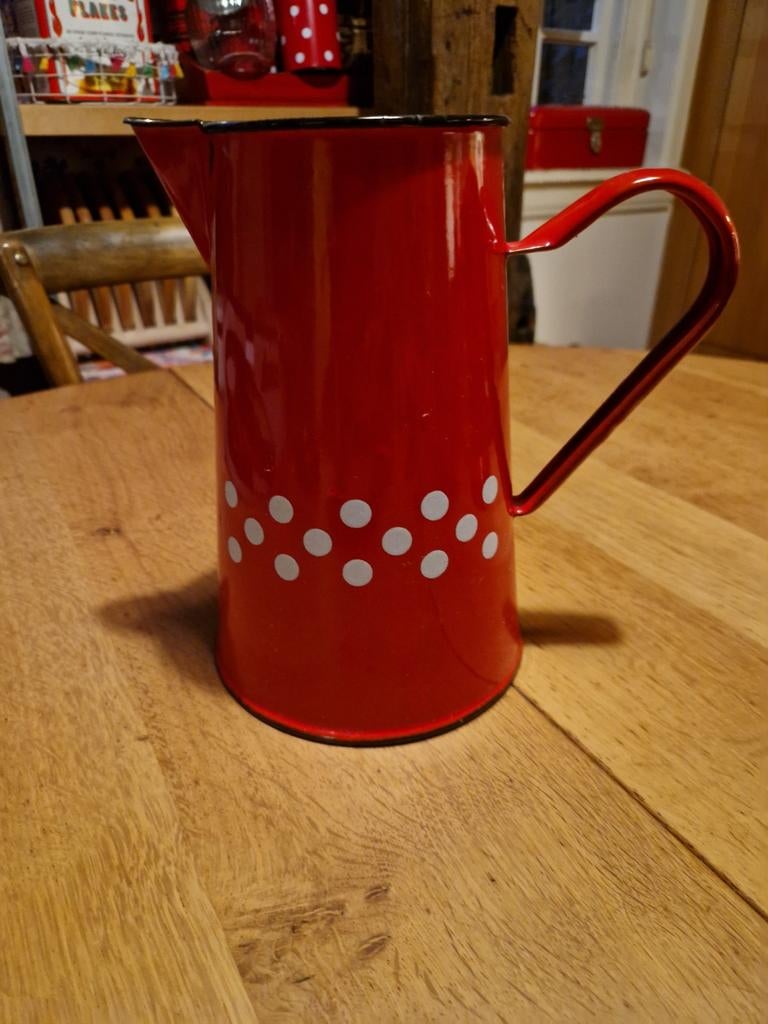 ROOD MET WITTE STIPPEN POLKADOT 🍄 BROCANT EMAILLE HOGE KAN, Antiek en Kunst, Antiek | Emaille, Ophalen of Verzenden