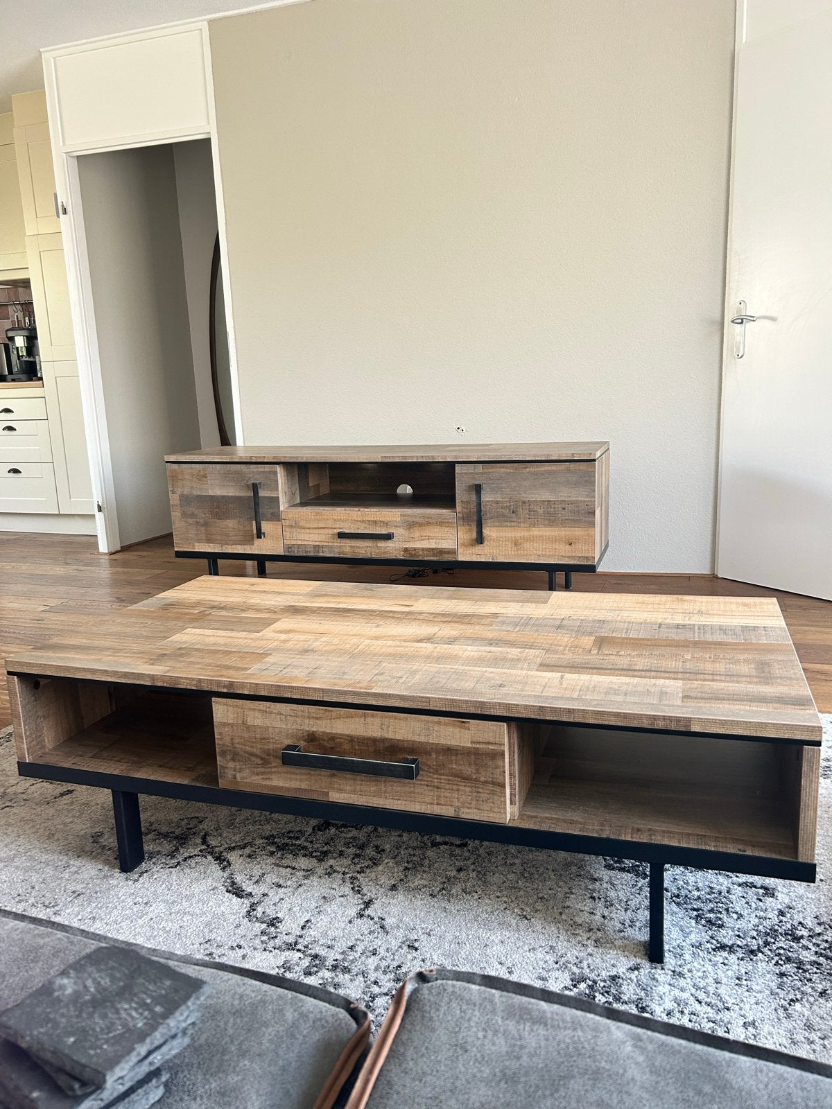 Industriële houten salontafel van De Bommel Meubelen, Ophalen, Gebruikt, 100 tot 150 cm, 50 tot 100 cm