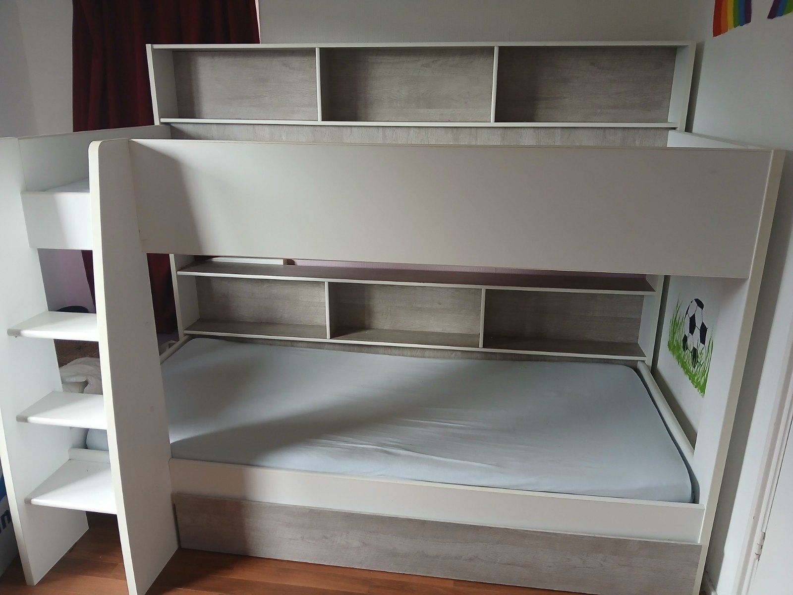 Parisot Stapelbed, met lade en boekenkasten, wit/grijs, Ophalen, Gebruikt, 90 cm, 160 tot 180 cm
