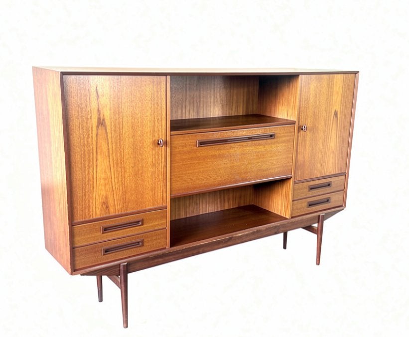 Vintage Highboard Kast Teak Midcentury Wandmeubel, Huis en Inrichting, Kasten | Wandmeubels, Ophalen, Gebruikt, 100 tot 150 cm
