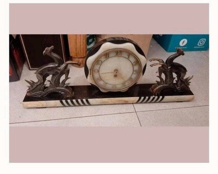 Art Deco Marmeren Schouwklok met Gazelle Beelden, Ophalen of Verzenden