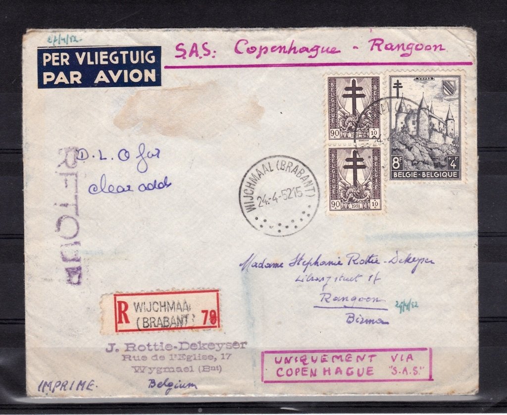 brief Belgie - Rangoon Birma, Ophalen of Verzenden, Brief