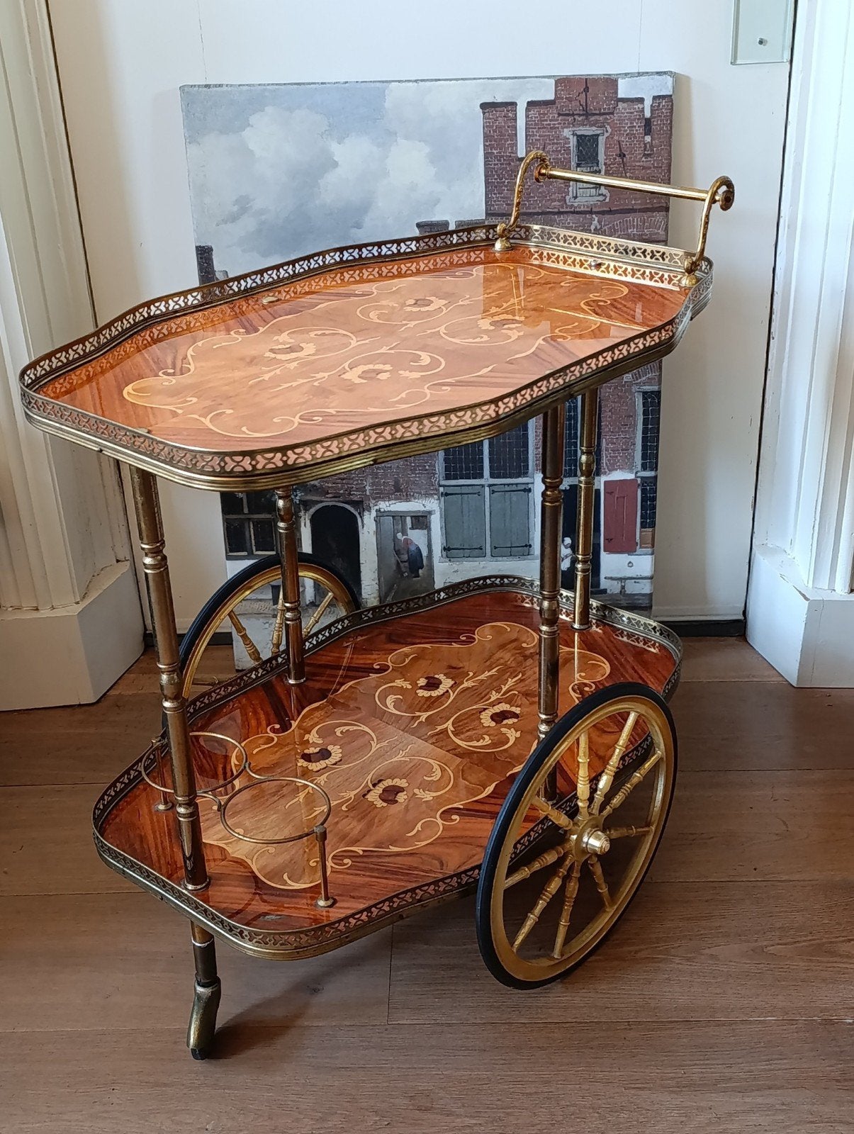 Vintage Italiaanse barwagen / trolley Hollywood Regency '60s, Ophalen, Overige houtsoorten, Gebruikt, 50 tot 100 cm