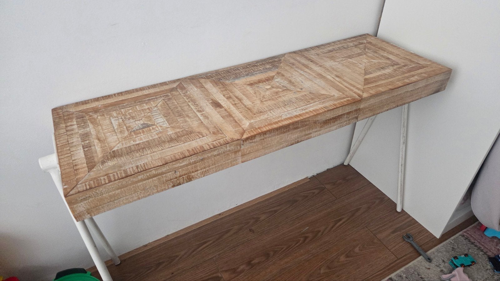 side table houten blad met witte metalen poten, Huis en Inrichting, Ophalen, 25 tot 50 cm, Rechthoekig