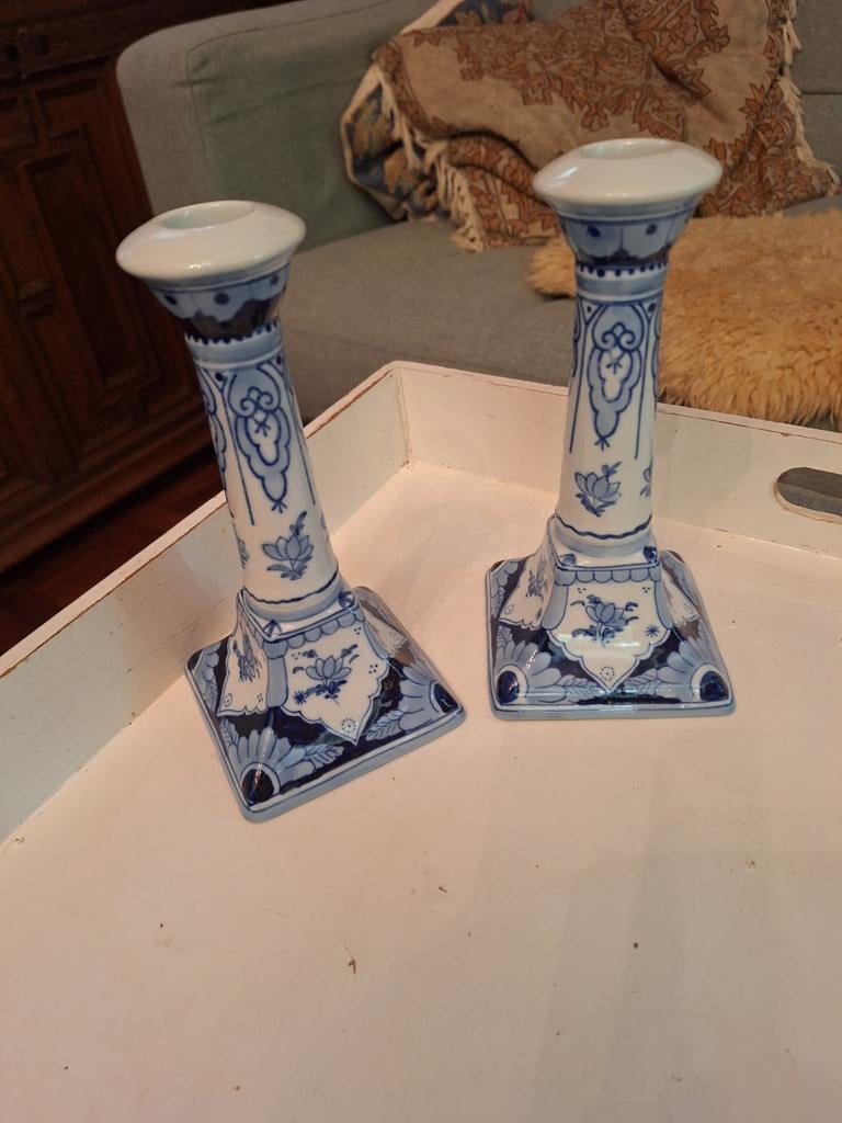 Set van 2 Porseleinen Delftse Kandelaars - Blauw Wit, Ophalen of Verzenden, Keramiek of Aardewerk