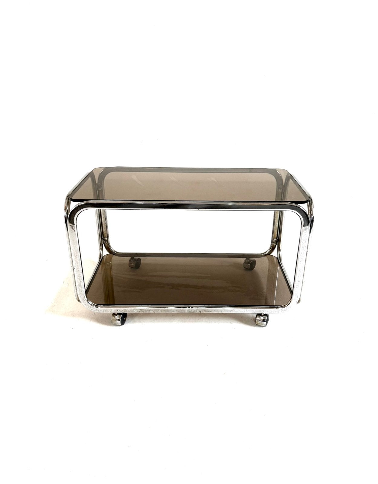 Vintage chroom & rookglazen trolley ‘80, 50 – 75, 100 tot 150 cm, Vintage retro buisframe design rotan webbing papercord deens