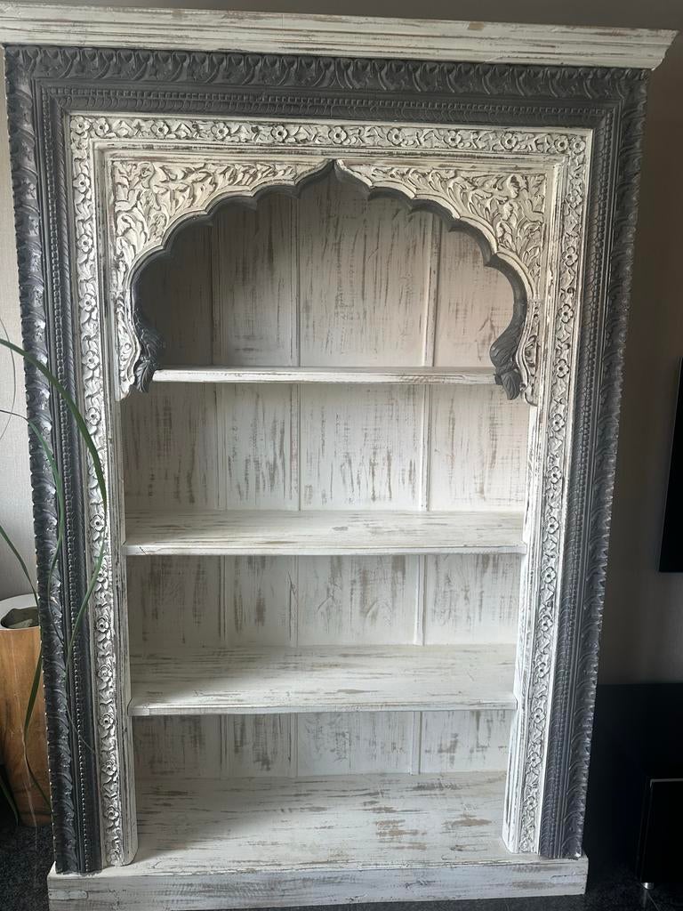 Ibiza/Indiase stijl massief houten boekenkast, Huis en Inrichting, Kasten | Boekenkasten, Ophalen, Met plank(en), Gebruikt, 100 tot 150 cm