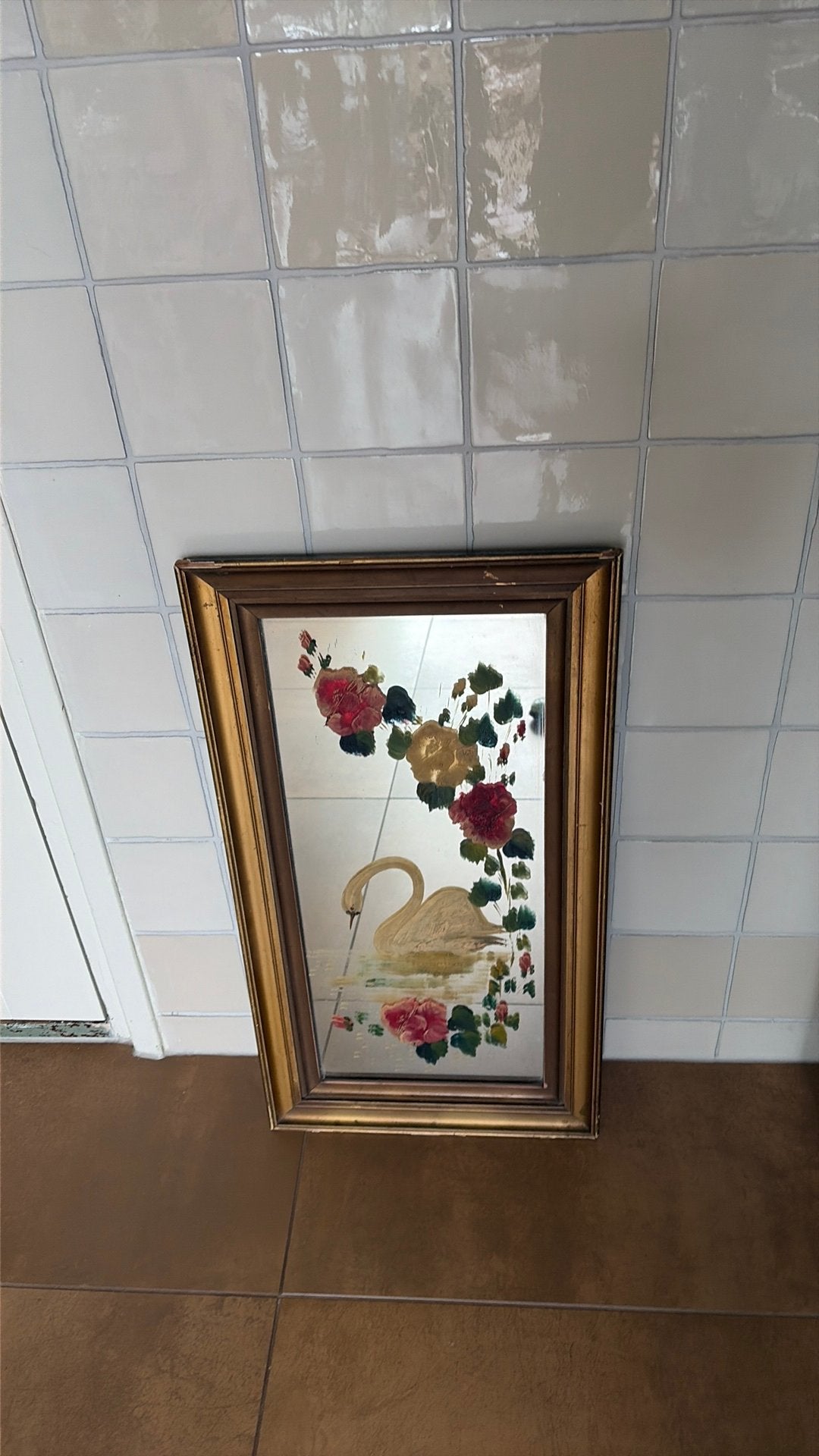 Antieke spiegel beschilderd met zwaan en bloemen, Ophalen of Verzenden, Rechthoekig, Minder dan 50 cm, Minder dan 100 cm