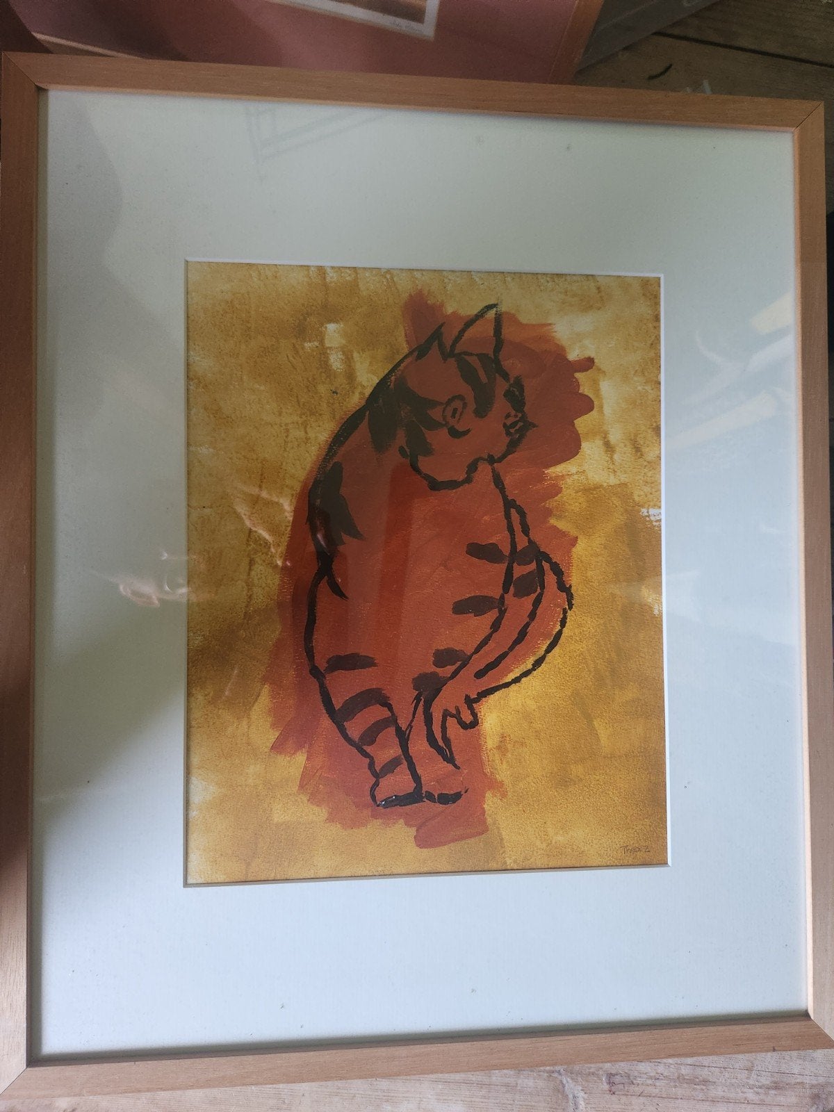 Thea Z. schilderij: Kat in lijst (63x53cm) met passe-partou, Ophalen of Verzenden