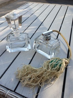 Prachtig 2 delig antiek kristallen parfumstel in goede staa, Ophalen of Verzenden, Zo goed als nieuw, Parfumfles