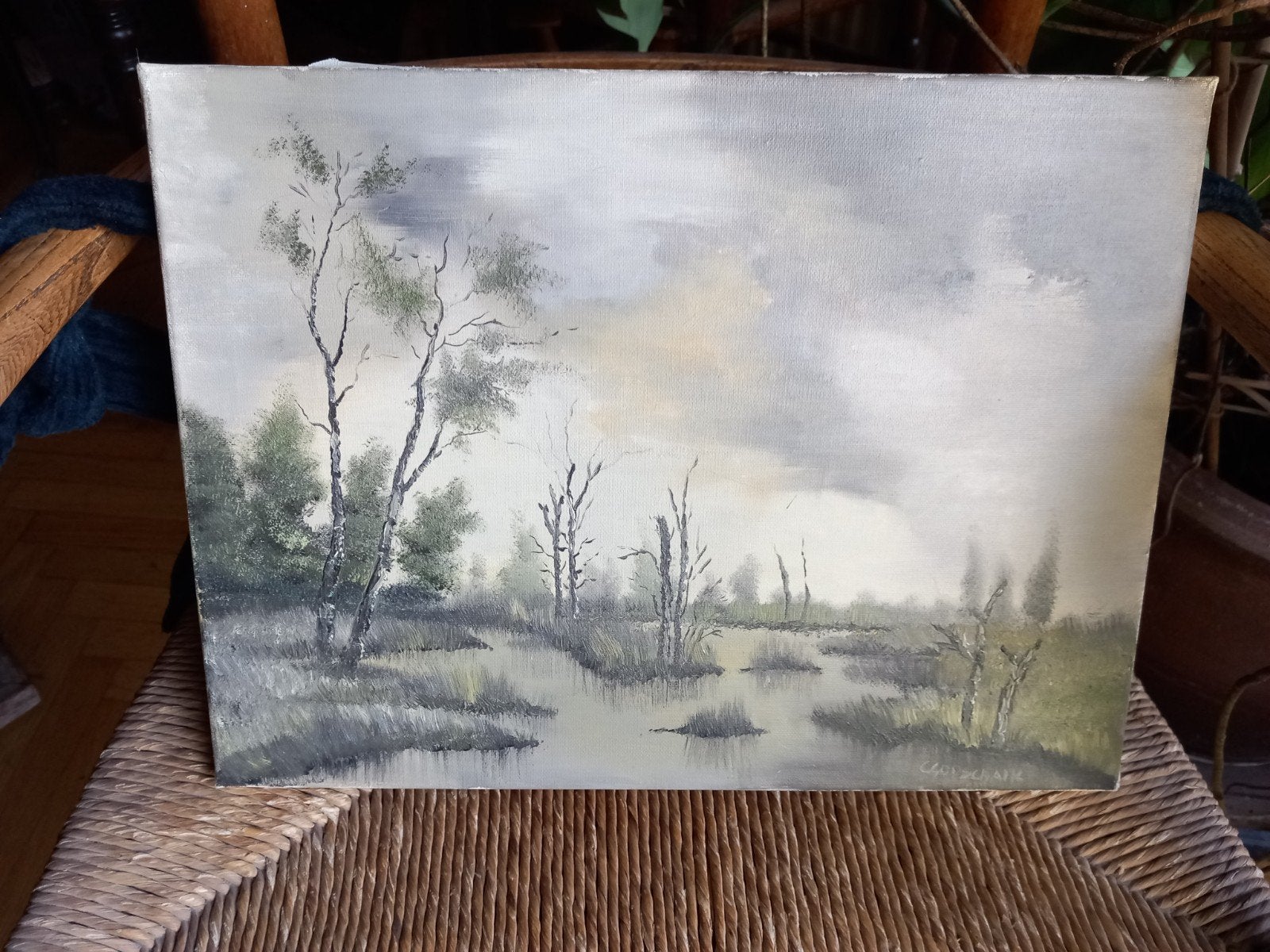 Schilderij Landschap met water en bomen, gesigneerd, Doek, Realistisch, Ophalen of Verzenden, Landschap