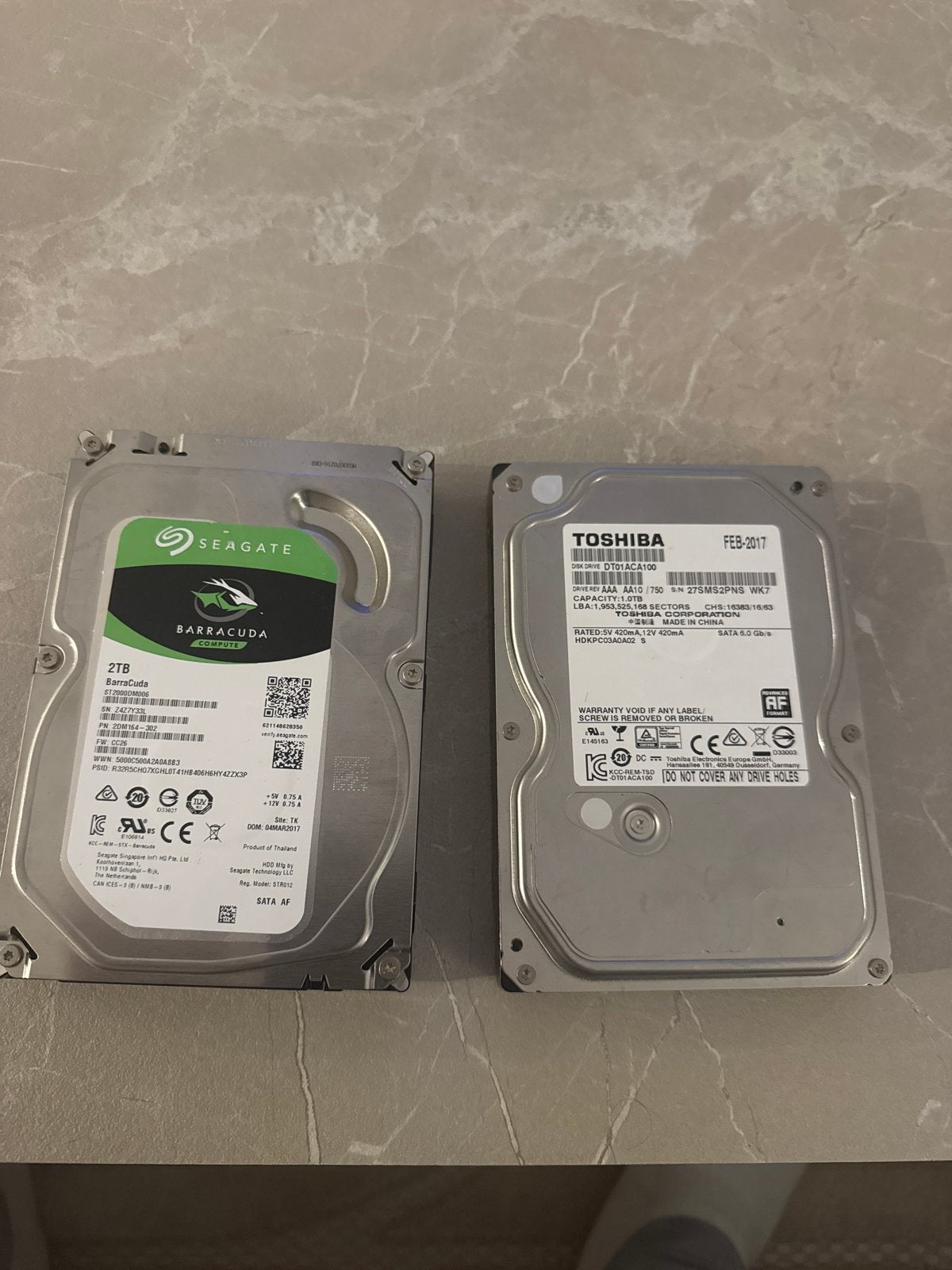 Seagate Barracuda 2TB & Toshiba 1TB HDD's - SATA, Intern, Gebruikt, Ophalen of Verzenden, Desktop